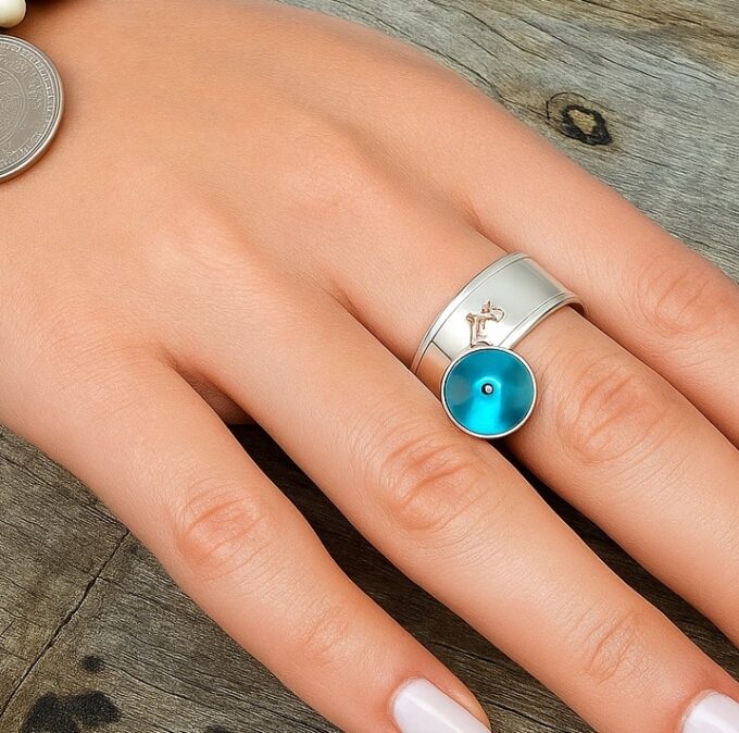 N5320 Bague Breloque Oeil Protecteur Bleu Et Argent 925 Massif Artisanale Porte-Bonheur - Bijoux Bagues en ligne Ninanina