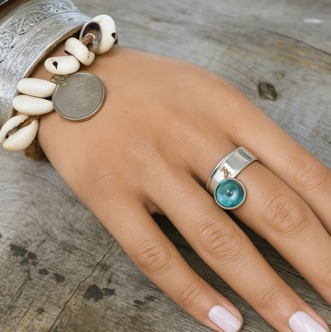 N5320a Bague Breloque Oeil Protecteur Bleu Et Argent 925 Massif Artisanale Porte-Bonheur - Bijoux Bagues en ligne Ninanina