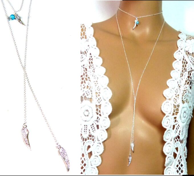 N5321 Collier long sautoir plaqué argent plume aile d'ange turquoise