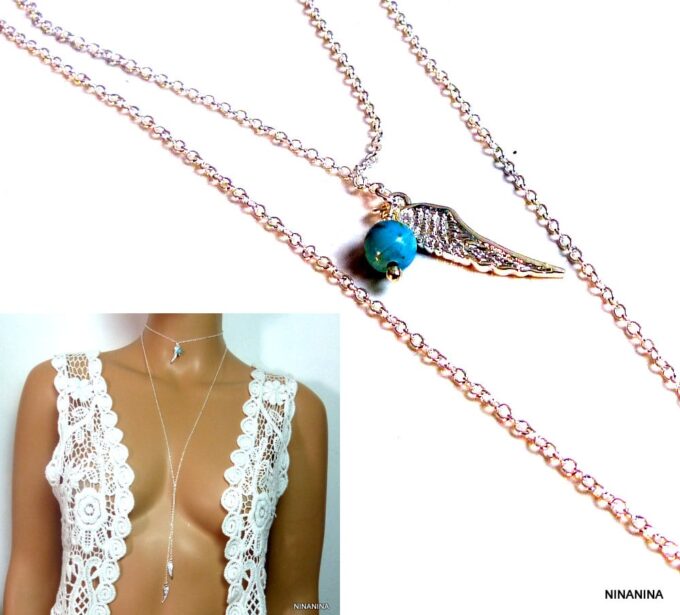 N5321a Collier long sautoir plaqué argent plume aile d'ange turquoise