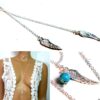 N5321c Collier long sautoir plaqué argent plume aile d'ange turquoise