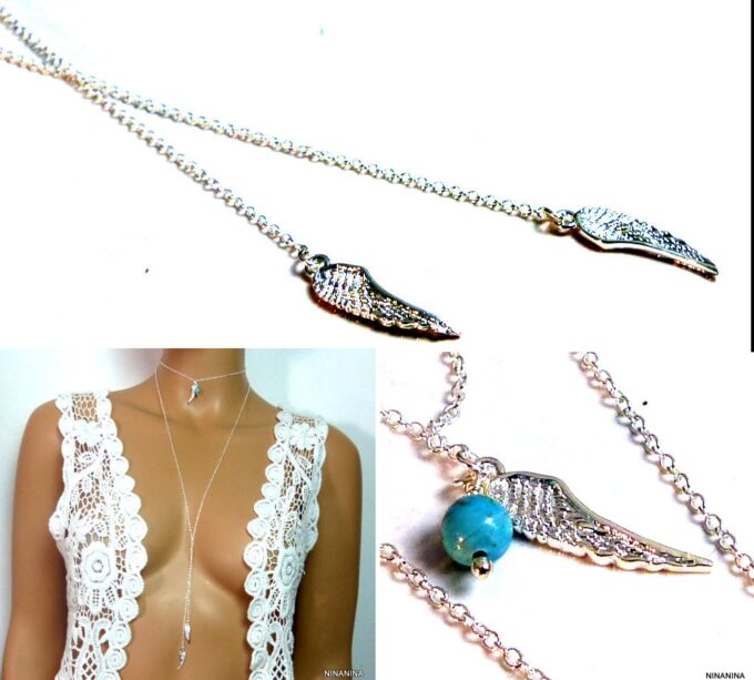 N5321c Collier long sautoir plaqué argent plume aile d'ange turquoise