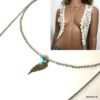 N5324b Collier double chaine plume Acier et Turquoise - Bijoux Colliers longs en ligne Ninanina