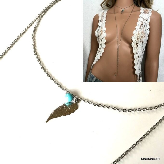 N5324b Collier double chaine plume Acier et Turquoise - Bijoux Colliers longs en ligne Ninanina
