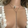 N5324c Collier double chaine plume Acier et Turquoise - Bijoux Colliers longs en ligne Ninanina