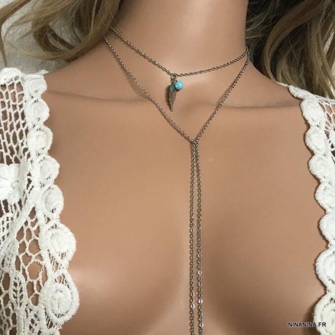 N5324c Collier double chaine plume Acier et Turquoise - Bijoux Colliers longs en ligne Ninanina