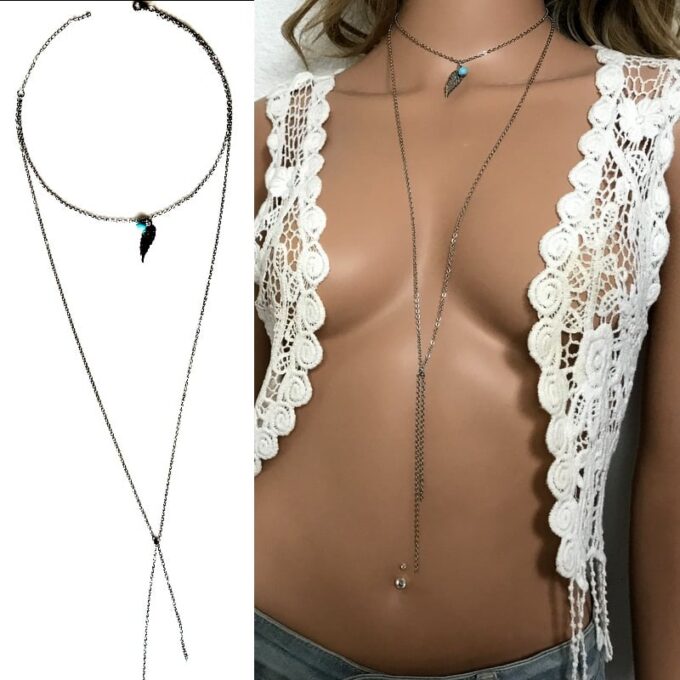 N5324d Collier double chaine plume Acier et Turquoise - Bijoux Colliers longs en ligne Ninanina