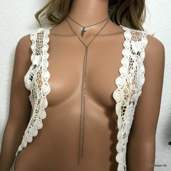 N5324e Collier double chaine plume Acier et Turquoise - Bijoux Colliers longs en ligne Ninanina