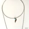 N5324f Collier double chaine plume Acier et Turquoise - Bijoux Colliers longs en ligne Ninanina