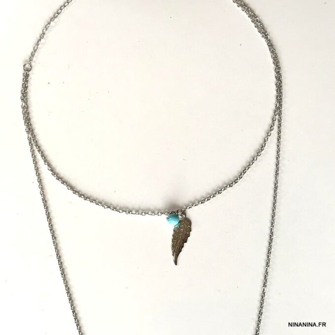 N5324f Collier double chaine plume Acier et Turquoise - Bijoux Colliers longs en ligne Ninanina