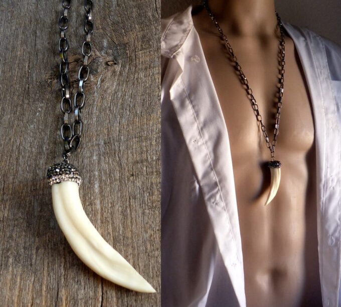 N5326 Collier Pendentif dent de loup véritable ivoire - Bijoux Colliers en ligne NINANINA