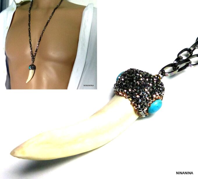 N5326a Collier homme métal noir Pendentif dent de loup véritable