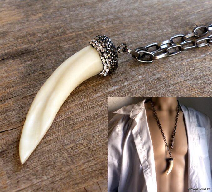 N5326a Collier Pendentif dent de loup véritable ivoire - Bijoux Colliers en ligne NINANINA