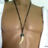 N5326b Collier homme métal noir Pendentif dent de loup véritable