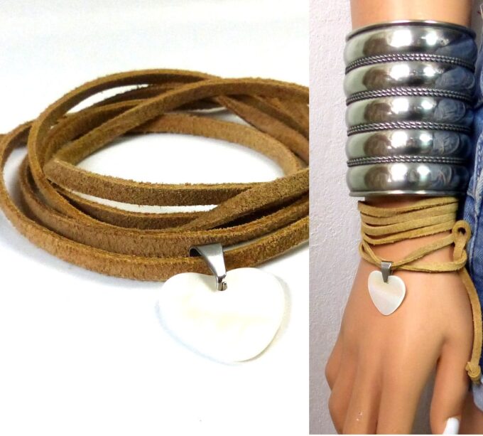 N5330 Bracelet femme lien cuir daim coeur nacre