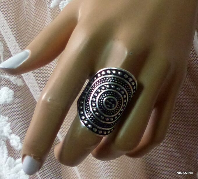 N5338a bague réglable ovale femme bohème métal argenté ajustable