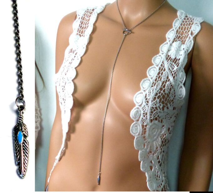 N5346 Collier femme long plume turquoise acier inoxydable