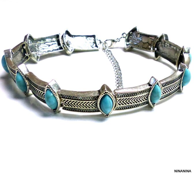 N5351a Collier femme ras du cou cabochons ovales magnésite turquoise