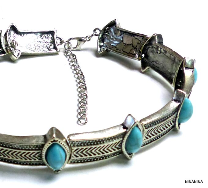 N5351c Collier femme ras du cou cabochons ovales magnésite turquoise