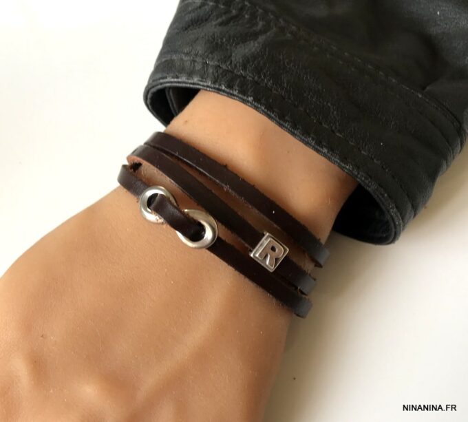 N5354 Bracelet infini homme personnalisable 3 tours lettre argenté - Bijoux Bracelets en ligne Ninanina
