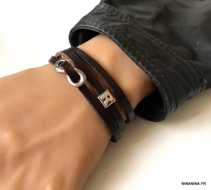 N5354b Bracelet infini homme personnalisable 3 tours lettre argenté - Bijoux Bracelets en ligne Ninanina