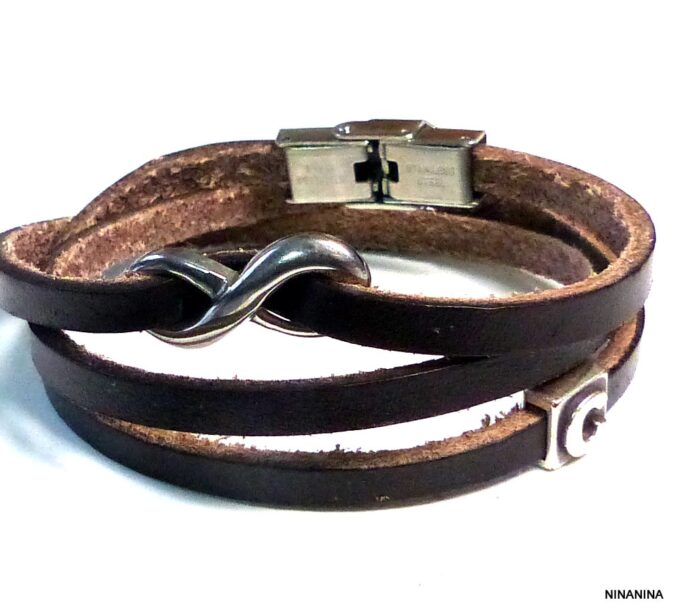N5354k Bracelet homme wrap cuir personnalisé infini acier inoxydable