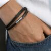 N5356 Bracelet homme fait main en france - lacet cuir plat 2 tours fermoir Acier inoxydable - Bijoux Bracelets hommes en ligne Ninanina