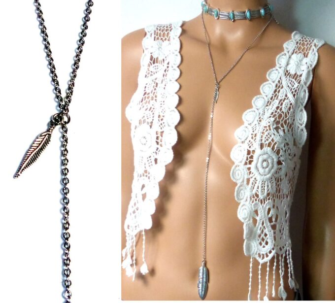 N5359 Collier long sautoir acier inoxydable plumes
