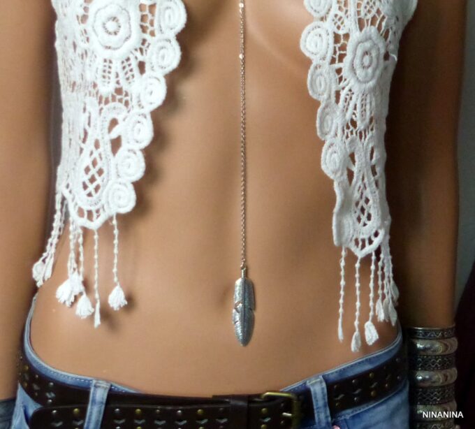 N5359b Collier long sautoir acier inoxydable plumes