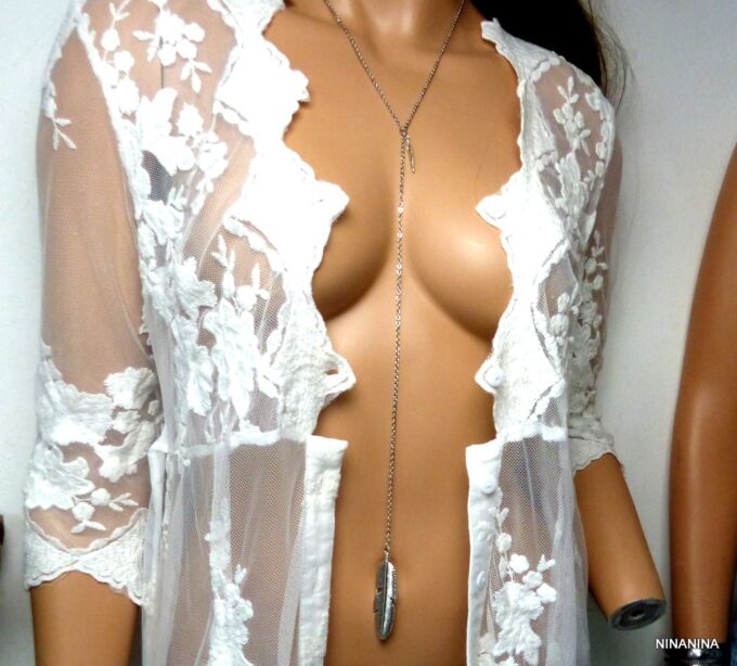 N5359bisa Collier long sautoir acier inoxydable plumes