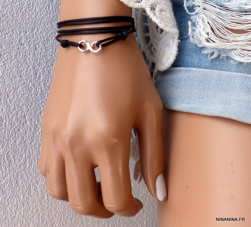 Bracelet argent femme signe infini wrap cordon cuir - Ninanina