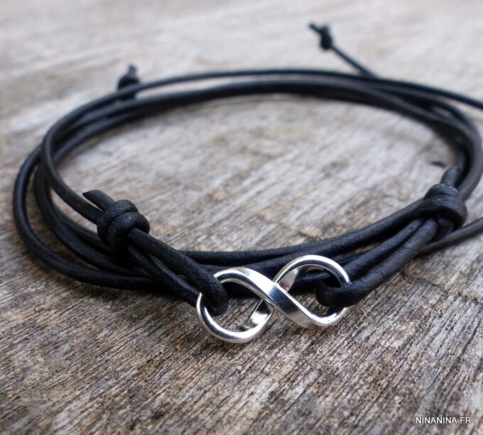 N5373a Bracelet cordon cuir infini argent 925 massif - Bijoux Bracelets en ligne Ninanina