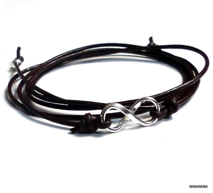 N5373a Bracelet femme wrap cordon cuir infini argent massif