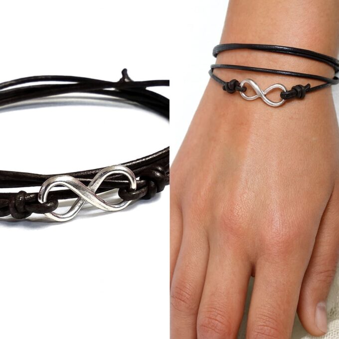 N5373a Bracelet multi tours signe infini argent 925 sur cordon cuir à enrouler autour du poignet - Bijoux Bracelets en ligne Ninanina