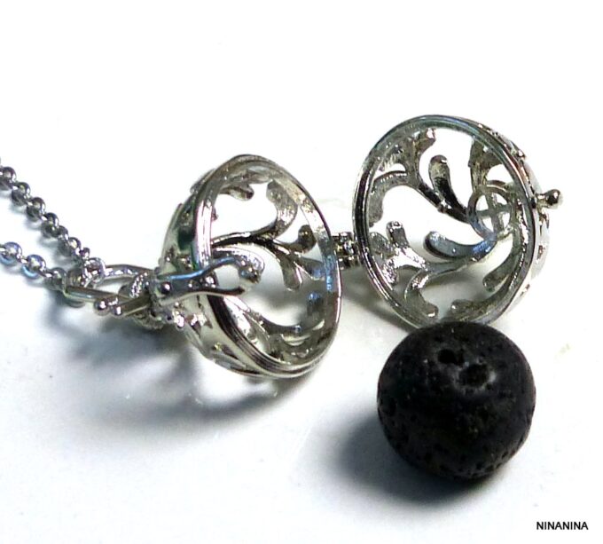 N5376a Collier long sautoir boule métal argent diffuseur de parfum