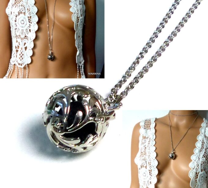 N5376b Collier long sautoir boule métal argent diffuseur de parfum