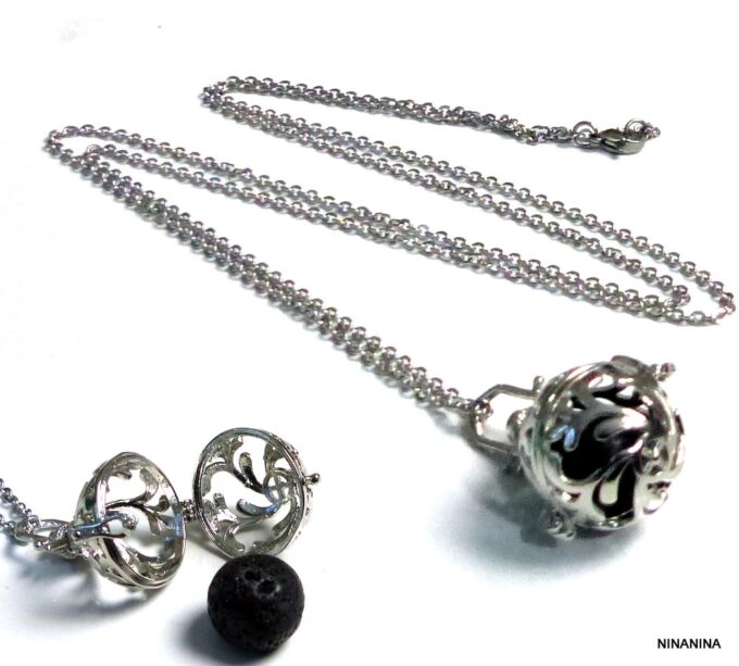 N5376c Collier long sautoir boule métal argent diffuseur de parfum