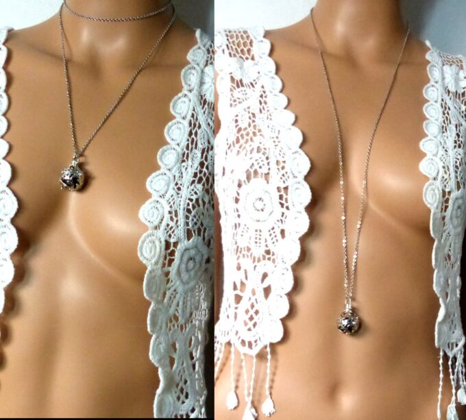N5376d Collier long sautoir boule métal argent diffuseur de parfum
