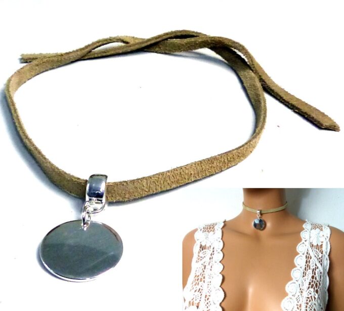 N5392a Collier court femme cordon daim médaille plaqué argent 925