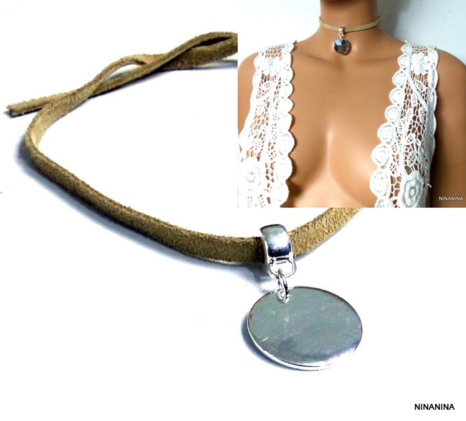 N5392c Collier court femme cordon daim médaille plaqué argent 925