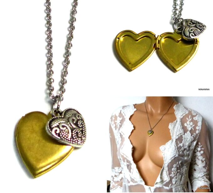 N5400 Collier femme coeur porte photo métal doré argenté