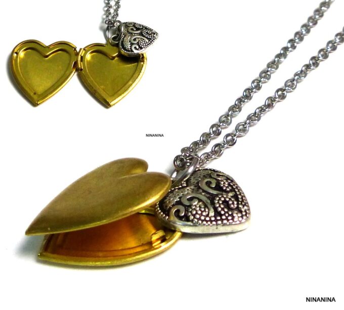 N5400a Collier femme coeur porte photo métal doré argenté