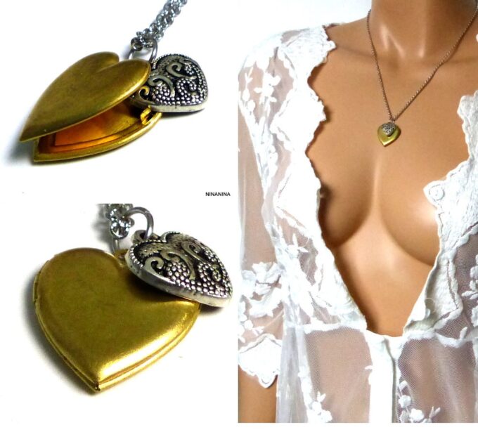 N5400b Collier femme coeur porte photo métal doré argenté