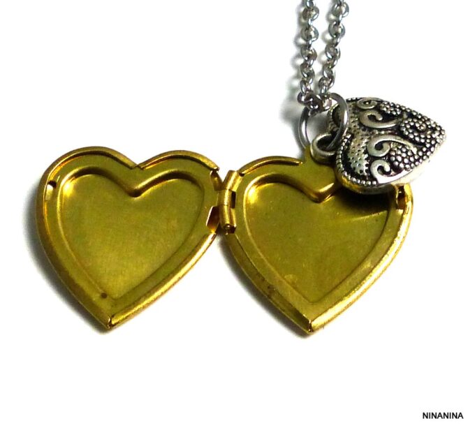 N5400c Collier femme coeur porte photo métal doré argenté