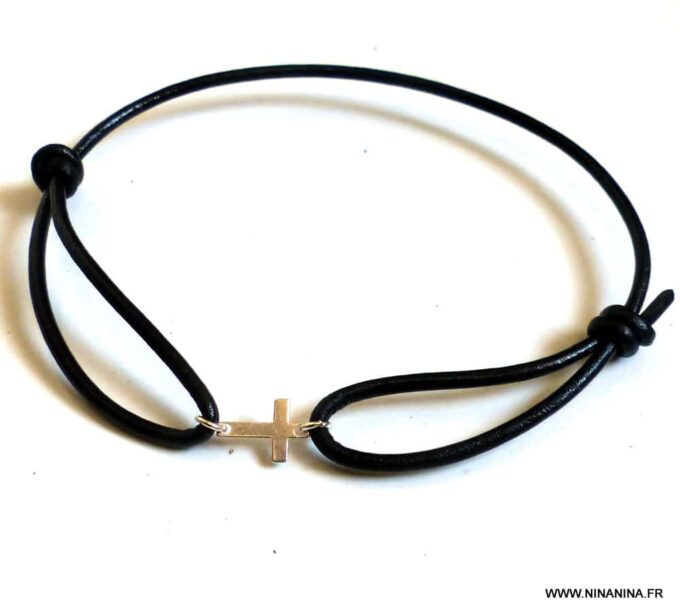 N5406 Bracelet cordon cuir noir homme femme croix argent 925 massif - NINANINA Bijoux en ligne