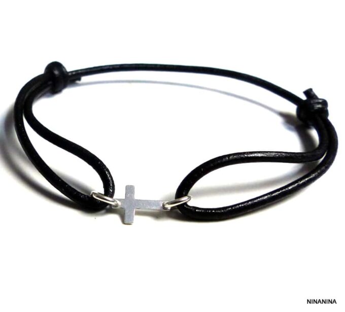 N5406 Bracelet homme cordon cuir croix argent 925 massif