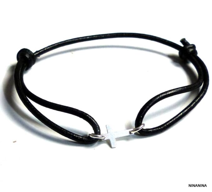 N5406b Bracelet homme cordon cuir croix argent 925 massif