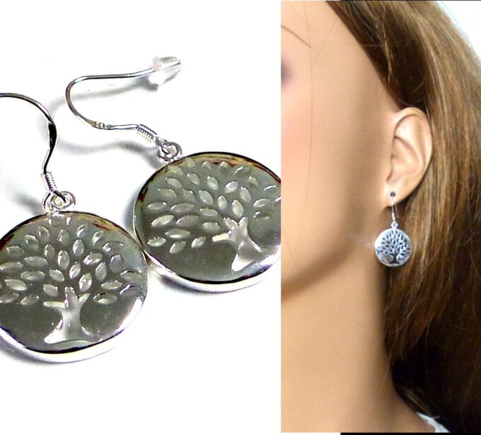 N5414 Boucles d'oreilles femme rondes arbre de vie plaqué argent 925