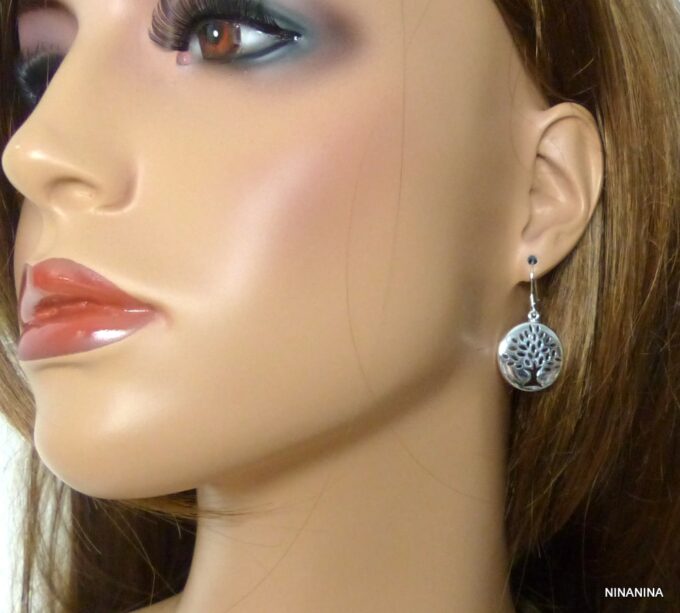 N5414b Boucles d'oreilles femme rondes arbre de vie plaqué argent 925