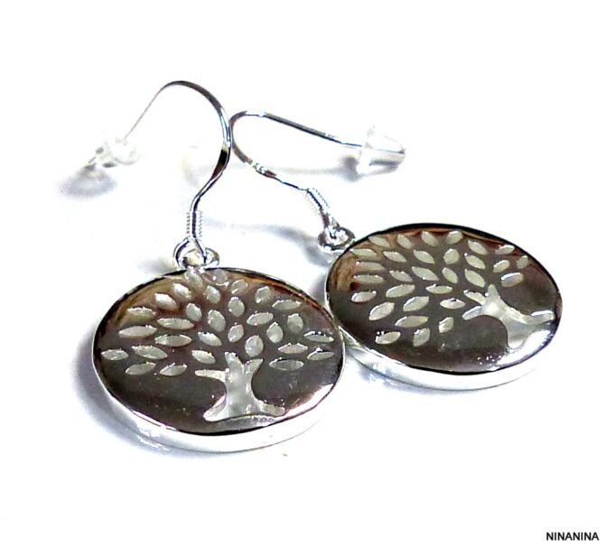 N5414c Boucles d'oreilles femme rondes arbre de vie plaqué argent 925